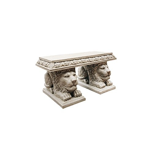 Design Toscano Grand Lion of John's Square Outdoor Garden Bench Seat, 29 inches wide, 15 inches tall, Cast Stone Resin, Antique Stone Finish