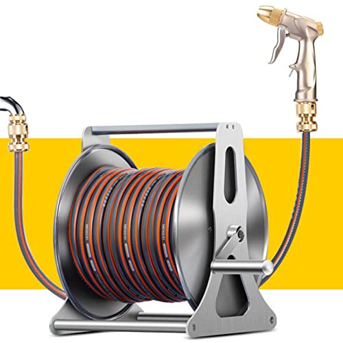 Garden Hose Reels with with Hose and Nozzle, Wall Mounted/Portable Water Hose Reel with Crank, Stainless Steel Water Pipe Storage Shelf Reel Holder, Reel Cart Hose Caddy for Watering Washing