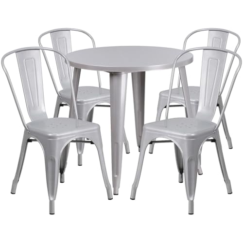 BOWERY HILL 5 Piece Round Metal Patio Dining Set, 30" Table and 4 Chairs, Silver Powder Coat Finish, Indoor/Outdoor Use, Commercial and Residential, Stackable Bistro Chairs, Retro-Modern Style Dining