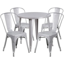 BOWERY HILL 5 Piece Round Metal Patio Dining Set, 30" Table and 4 Chairs, Silver Powder Coat Finish, Indoor/Outdoor Use, Commercial and Residential, Stackable Bistro Chairs, Retro-Modern Style Dining