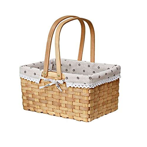 Storage Basket,Picnic Portable Handmade Fir Slices with Folding Handle，Idyllic Rattan Without Lid Hamper for Camping and Outdoor Party