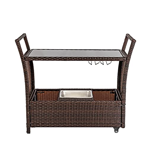 Outdoor Patio Furniture Set Outdoor Patio Wicker Rattan Serving Bar Cart with Ice Bucket Wine Rack Brown