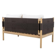 Outdoor Acacia Wood Loveseat with Handwoven Diamond Rope Weave and Cushions, Light Teak Finish Patio Sofa with Black Rope Panels and Cream Fabric for Garden, Balcony, Terrace and Outdoor Lounge