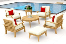 WholesaleTeakFurniture Somer 7 Piece Teak Wood Lounge Chair Set: 4 Lounge Chairs, Ottoman, Round Coffee Table & Round Side Table with Cushions in Outdoor Sunbrella Fabric #5404 Canvas Natural