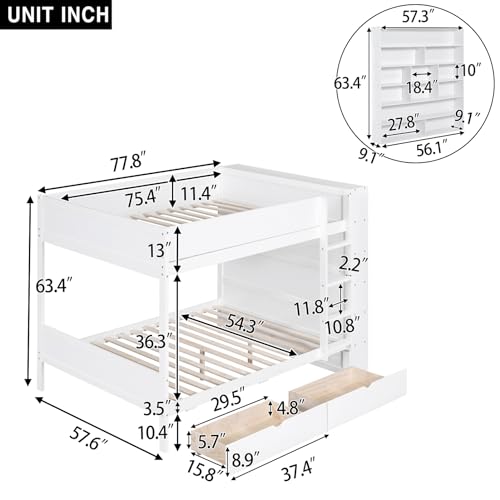 Jintop Twin Over Twin Bunk Bed with Storage Drawers and Cabinet White
