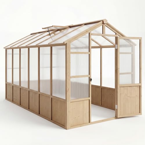 FinerFurnis Heavy Duty Wooden Greenhouse for Outdoor – Large Walk-in Garden Greenhouse Kit with Polycarbonate Panels, Ventilated Window, Lockable Door – Natural Wood Frame – Backyard, Patio, Lawn
