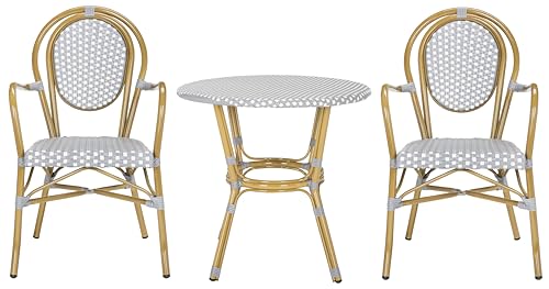SAFAVIEH Outdoor - Rosen Sidford 3 Piece Bistro Set - Grey & White Faux Wicker & Aluminum Frame - Coastal Design - Ideal for Patio, Deck, Sunroom, Dining Area (PAT9502B-KIT2)