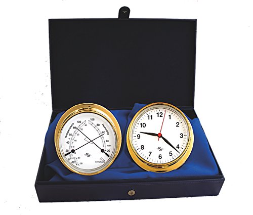 MASTER-MARINER First Light Collection, 10 Pack Nautical Cabin Gift Set, 5.75” Diameter Clock and Comfort Meter Instruments, Gold Finish, Classic White dial