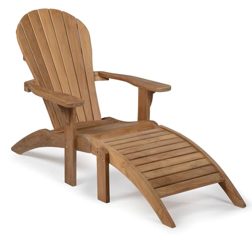 Titan Great Outdoors Grade A Teak Adirondack Chair with Footstool for Backyards and Patios