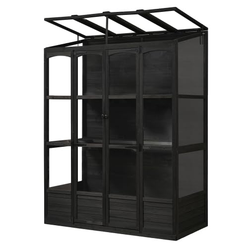 78" Walk-in Wooden Greenhouse Cold Frame with 4 Independent Skylights & 2 Folding Shelves, Outdoor Plant Growing House for Backyard or Patio (Black)