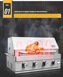 304 Stainless Steel Built-in Gas Grill, 35.7x19inch, Dual-Purpose Charcoal Compatible, Villa Courtyard BBQ with Thermometer, Bottle Opener, 4-Burner Control