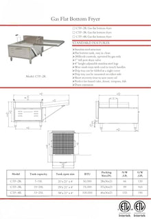 Commercial Propane Flat Bottom Fryer, 75000 BTU, 29x21 inch Tank, Stainless Steel, NSF ETL Listed CTF-3R