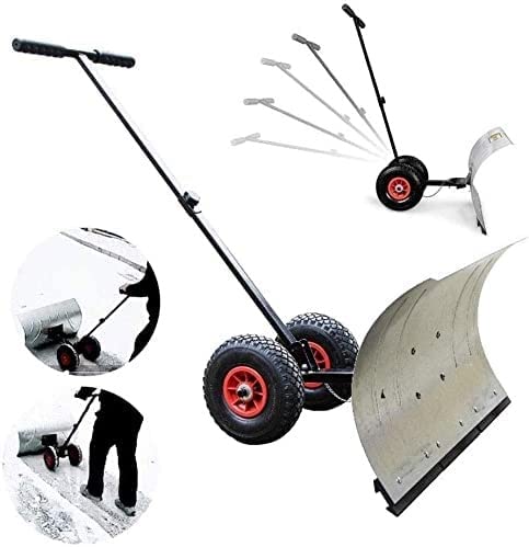 Snow Shovel with Wheels Heavy Duty Metal Rolling Snow Pusher with 10 Inch Polypropylene Wheels and Adjustable Aluminum Handle Rolling Snow Plow Removal Tool for Driveway Doorway Snow Pusher