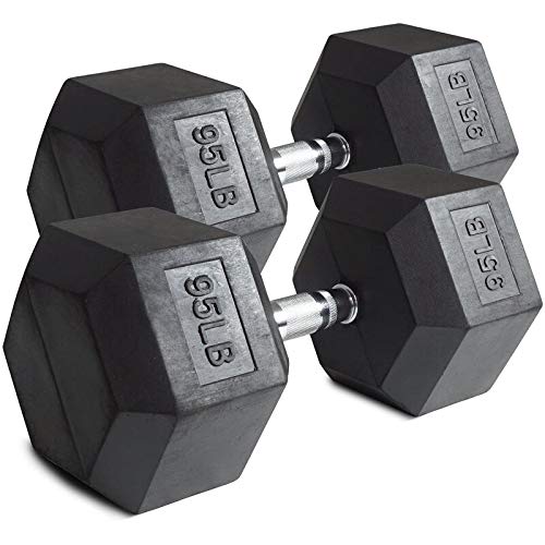 CUTICATE PowerFit Rubber Hex Dumbbells 95lb Black, Silver