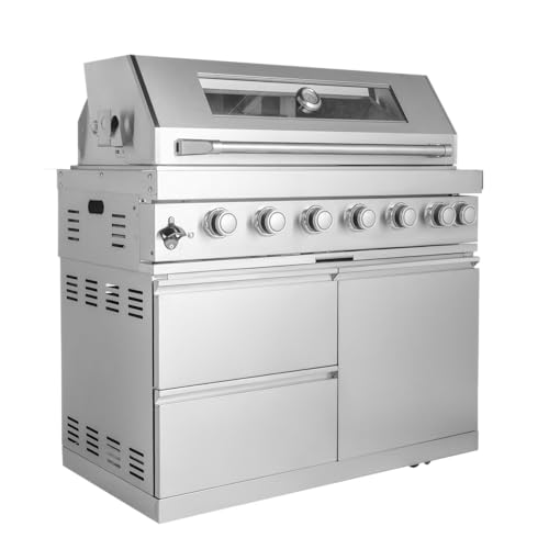 6 Burner Outdoor Gas Grill Island BBQ Station with Stainless Steel Cooking Grids,Infrared Rear Heat,Electric Turning Kit,Halogen Lights,Storage Drawers,Cabinet,Wheels,Grease Tray,Thermometer (Silver)