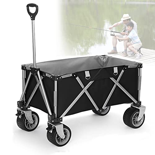 Heavy Duty Beach Wagon, Utility Outdoor Camping Garden Cart, Compact Handcart Portable Shopping Carts Wheelbarrow with Brake Garden Wagon Cart for Equipment Tailgating Beach Trip (Black)