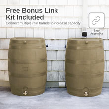 RTS Home Accents 50-Gallon Rain Barrel, Flat Back Rain Water Collection Barrel, Stand and Link Kit Included, Oak Color (2 Pack)