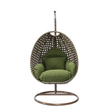 LeisureMod Wicker Rattan Hanging Egg Swing Chair with Stand & Cushion - Dark Green Swing Chair for Indoor/Outdoor, Patio, Bedroom, Lounge Seat