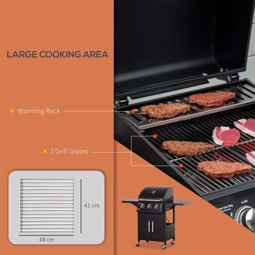 3-Burner Natural Gas Grill, 382 sq.in Cooking Area with Warming Rack, Side Prep Tables, Storage Cabinet for Backyard Patio