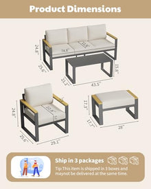 7 Seats Aluminum Outdoor Patio Conversation Sets with Coffee Table, 6 Pieces Metal Conversation Sectional Furniture Sofa for Balcony, Garden, Deck, Backyard,Beige