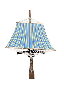 Petra Leisure, 14 Ft. Water Treated Wooden Arc Hammock Stand + Premium Quilted, Double Padded Hammock Bed. 2 Person Bed.450 LB Capacity(Teak Stain/Teal & Yellow Stripe)