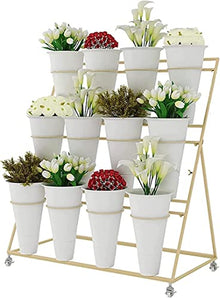 HYUIO 3 Tier Flower Display Stand with 12 Buckets Mobile Plant Stand on Wheels for Garden Balcony and Florist with Large Capacity