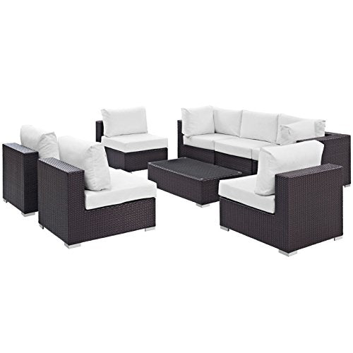 Modern Contemporary Urban Design Outdoor Patio Balcony Eight PCS Sectional Sofa Set, White, Rattan