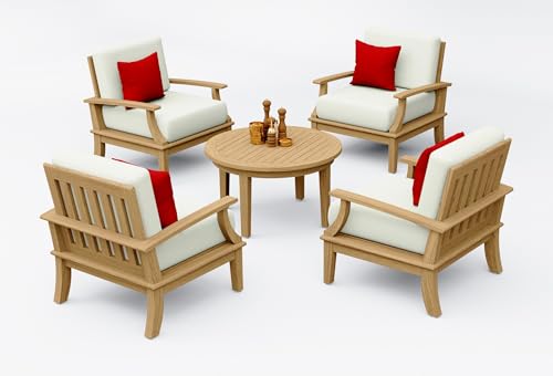 TeakStation 5 Pc Teak Wood Lounge Chair Set: 4 Lounge Chairs & Round Coffee Table with Cushions in Outdoor Sunbrella Fabric #5404 Canvas Natural