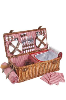 Handmade Wicker Picnic Basket Set for 6 People with Red Gingham Pattern, Wood, Insulated Compartment, Includes Cutlery, Plates, Glasses, and Water-Resistant Blanket - White and Red