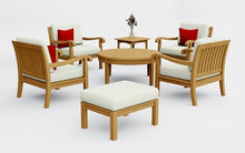 WholesaleTeak Teak Wood 7 Pc Lounge Chair Set: 4 Lounge Chairs, Ottoman, Round Coffee Table & Side Table with Cushions in Outdoor Fabric #5404 Canvas Natural