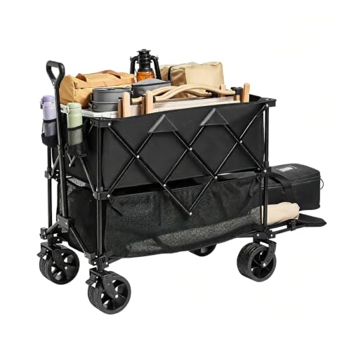 Foldable Double Decker Wagon, 400l Collapsible Wagon Cart with All-Terrain Wheels, Heavy Duty Folding Wagons Cart 350 Lbs Weight Capacity for Camping,Shopping,Garden,52" Extra Long Extender