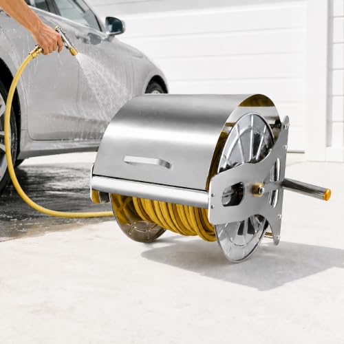Heavy Duty Stainless Steel Garden Hose Reel with Protective Cover, Wall or Floor Mounting, Manual Crank, 164 ft Capacity, Spray Nozzle and Inlet Line Included 40m