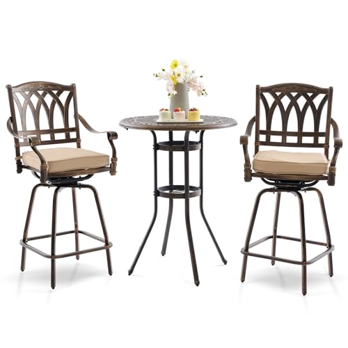 3 Piece Swivel Outdoor Table and Chairs Bar Set , All-Weather Cast Aluminum Outdoor High Top Patio Bar Set Bistro Set, High Swivel Stools with Cushions Umberlla Hole for Balcony, Poolside,Garden,Lawn