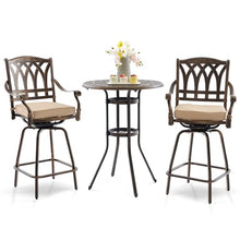 3 Piece Swivel Outdoor Table and Chairs Bar Set , All-Weather Cast Aluminum Outdoor High Top Patio Bar Set Bistro Set, High Swivel Stools with Cushions Umberlla Hole for Balcony, Poolside,Garden,Lawn