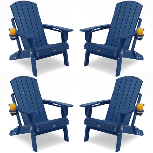 POWERWOOD Adirondack Chair with Cup Holder: Adirondack Chairs Set of 4 Plastic HDPE Material Furniture - Composite Fire Pit Chairs Foldable for Outdoor/Backyard/Garden/Lawn/Deck/Porch/Patio