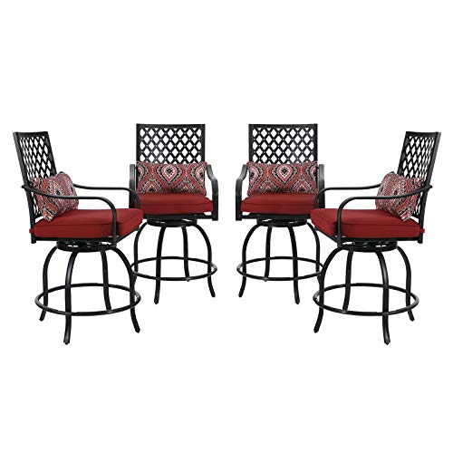 PHI VILLA Patio Outdoor Swivel Bar Stools Set of 4 with Cushion and Armrest Red