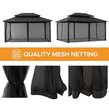 Sunjoy Hardtop Gazebo 12x16 ft Outdoor Heavy Duty Steel Frame Double Tiered with Ceiling Hook and Removable Netting Brown