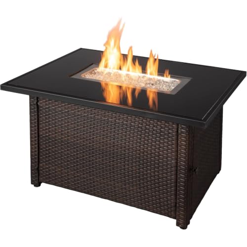 Endless Summer 44 x 32 Rectangular 40,000 BTU Liquid Propane Gas Outdoor Fire Pit Table w/White Fire Glass, Center Insert and Cover, Brown/Black