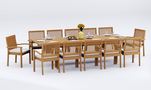 WholesaleTeak 12 Seats 13 Pcs Grade-A Teak Wood Dining Set: 122" Caranas Double Extension Rectangle Table and 12 Leveb Stacking Arm Chairs #11LV2912