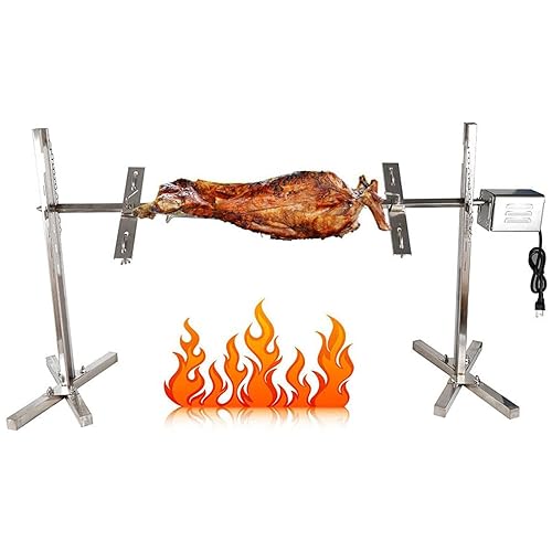 XQZMZSCP BBQ Electric Rotisserie Kit, 15W Large Automatic Rotisserie Spit Grill Stainless Steel BBQ Barbecue Operated Roaster Pig Meat with Electric Motor (Silver 115 * 75cm)