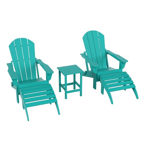 WestinTrends Malibu Outdoor Lounge Chairs Set, 5-Pieces Adirondack Chair Set of 2 with Ottoman and Side Table, All Weather Poly Lumber Patio Lawn Folding Chair for Outside, Turquoise