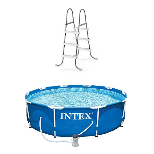 Intex 10 ft. x 2.5 ft. Round Above-Ground Pool Ladder with Pool Set with Filter Pump 28065E + 28201EH