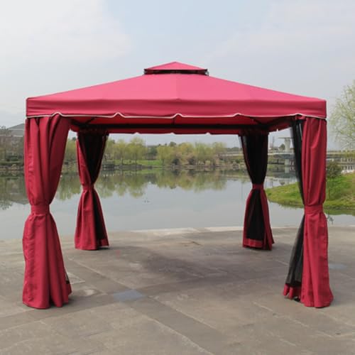 Outdoor Metal Double Roof Canopy, Pop Up Instant Gazebo Tent, Patio Garden Pergola with Zipper, Double-Track Curtain Design, for Garden, Porch, Lawn(Red)