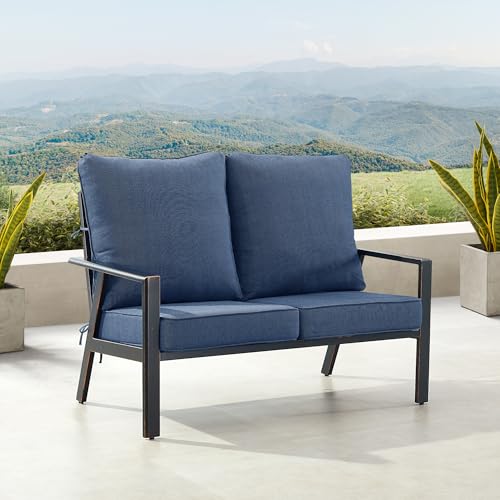 Oakland Living Black Aluminum Patio Deep Seating Outdoor Two Seater Loveseat with Blue Cushions
