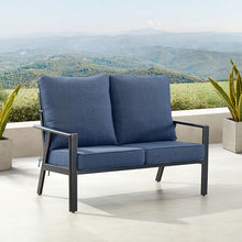 Oakland Living Black Aluminum Patio Deep Seating Outdoor Two Seater Loveseat with Blue Cushions