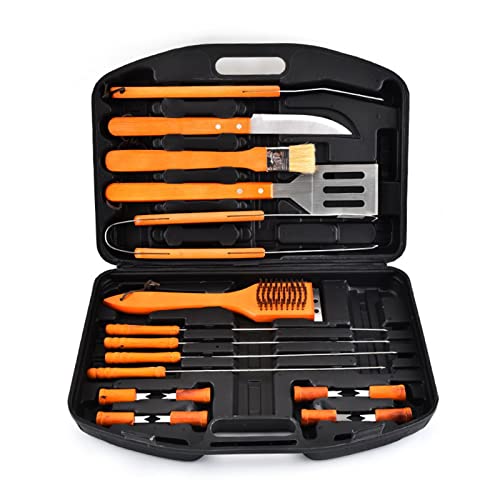 SDVantage 19 Pcs BBQ Tool Set, Multifunctional Portable BBQ Accessories Kit, Stainless Steel Wooden Handle BBQ Tools Outdoor Camping Grilling Utensils Tools with Storage Box, for Traveling