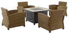 Crosley Furniture Bradenton 5-Piece Wicker Outdoor Patio Set with Propane Fire Pit, Brown with Navy Cushions