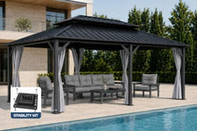 Patio Kingdom 12x20 FT Hardtop Gazebo, Extra Large Double Roof Galvanized Steel Outdoor Pavilion, Heavy Duty Metal Frame Pergola with Netting & Curtains for Backyard, Deck, Gray