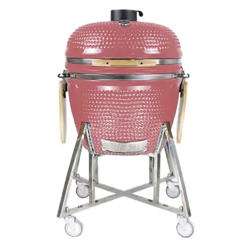 Ceramic Grill, Outdoor BBQ Smoker with Wooden Handle, Stainless Steel Grid Pan for Backyard Camping & Garden Party(E,23in)