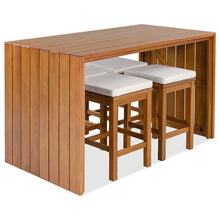 GFDGFD 5 Piece Outdoor Bar Set with Acacia Wood Bar Table and 4 Stools, Patio Bar Height Dining Set with Cushions, Space Saving Backyard Furniture for Poolside Balcony Garden